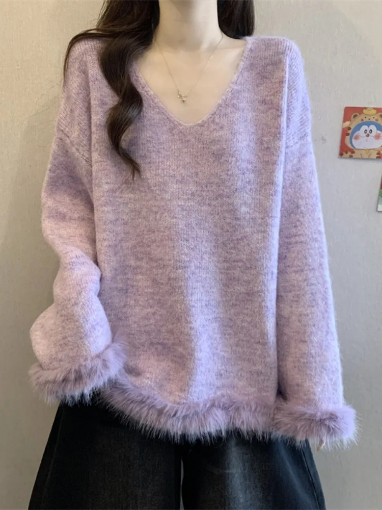 

Женский вязаный свитер Ele Purple V-Ne с V-образным вырезом, осенне-зимний, больших размеров, красивый, уникальный, модный топ