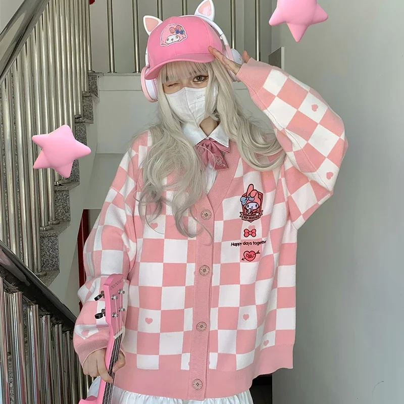 Sanrio Knit Sweater Kawaii Mymelody Kuromi Pompom Purin Jk Uniform Checkerboard Cardigan Sweater Cute Plus Size Loose Top