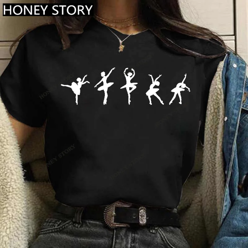 Dance Letter Print T Shirt Ballet Silhouette Monogram Print Women's T-shirt Loose Aesthetic Tops Graphic T Shirts  Pro Choice