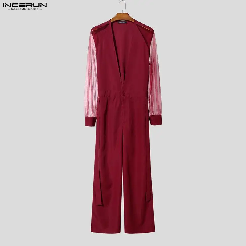 

Мужские комбинезоны INCERUN: модные, с сетчатыми вставками, прозрачные, с V-образным вырезом, длинными рукавами, уличный стиль, с вырезами