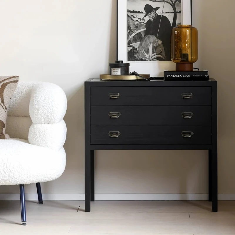 Medieval retro solid wood three-pump storage chest entrance small side cabinet bedroom low cabinet