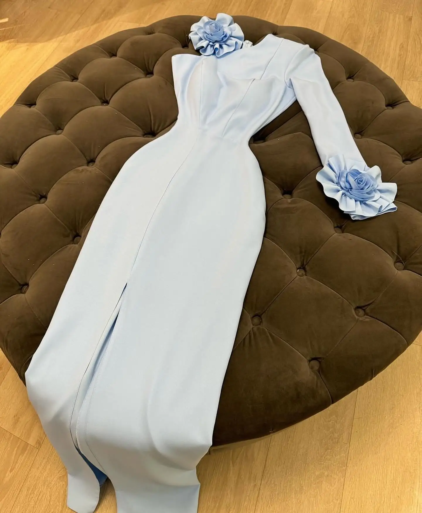 

Customized Fashion Jersey Straight One Shoulder 3D Flowers Evening Dress High Quality Long Sleeves Floor Length Prom Gowns