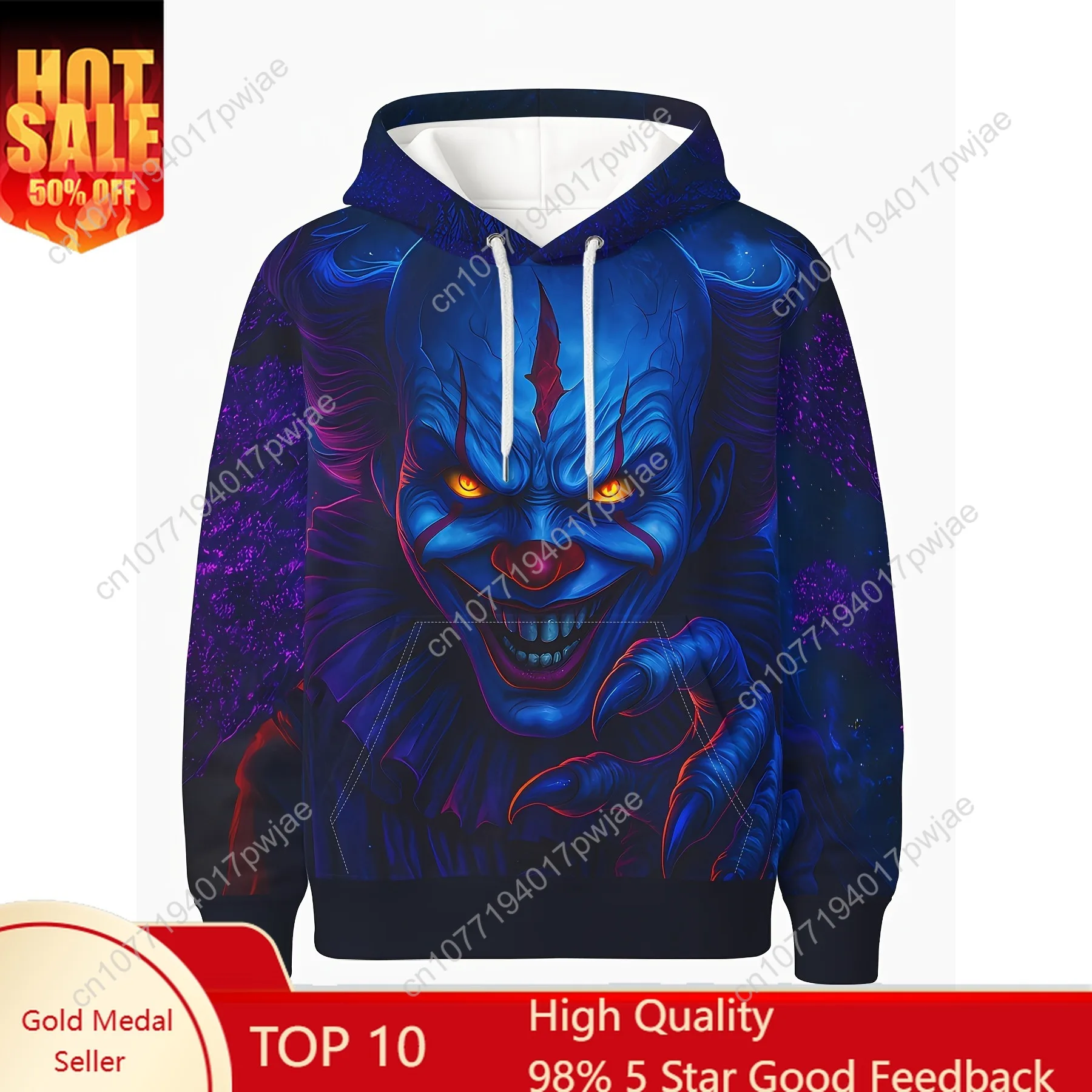 Hoodie Grafis Badut 3D Pria - Cetakan Hidup Menyeramkan, Kain Lembut, Pullover Lengan Panjang Regular Fit untuk Pakaian Kasual & Horor