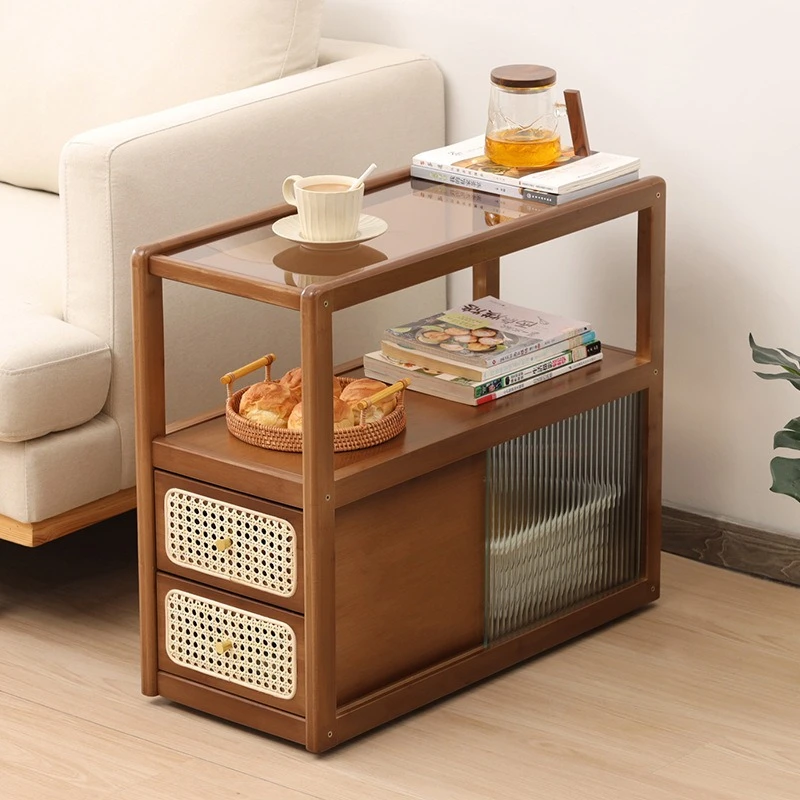 Coffee table living room household small apartment retro color Internet celebrity rattan glass table rectangular