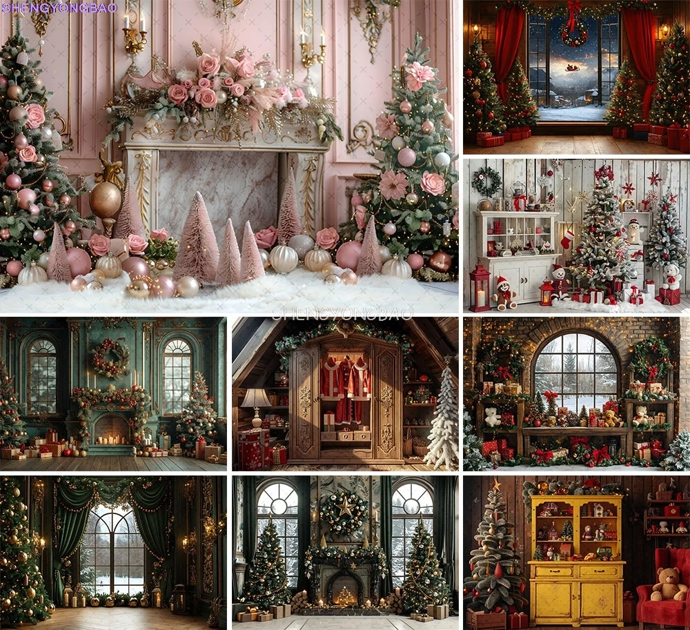 Festliche Weihnachten Zimmer Kamin Fotografie Kulissen Winter Neujahr Feiertage Party Weihnachtsbaum Fenster Foto Hintergrund BR-26