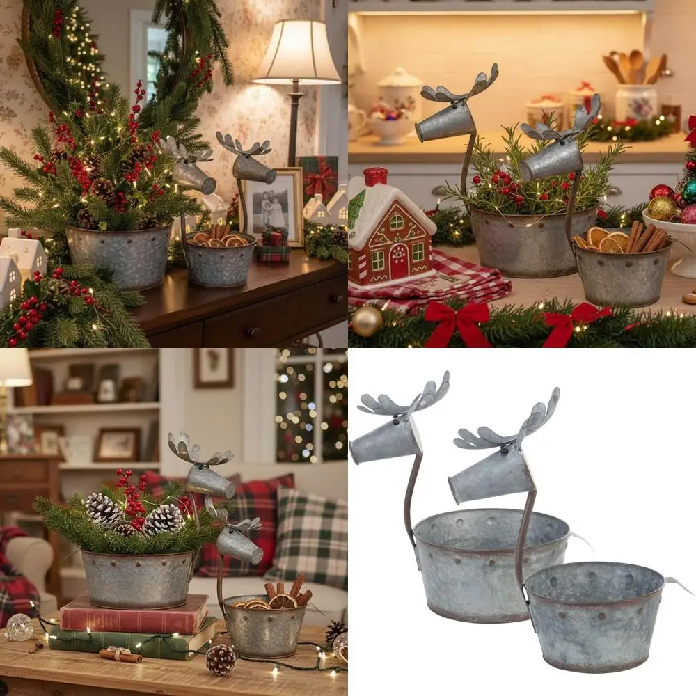 

Pair of 12.25x8.25 Galvanized Silver Deer Christmas Planters, Set of 2