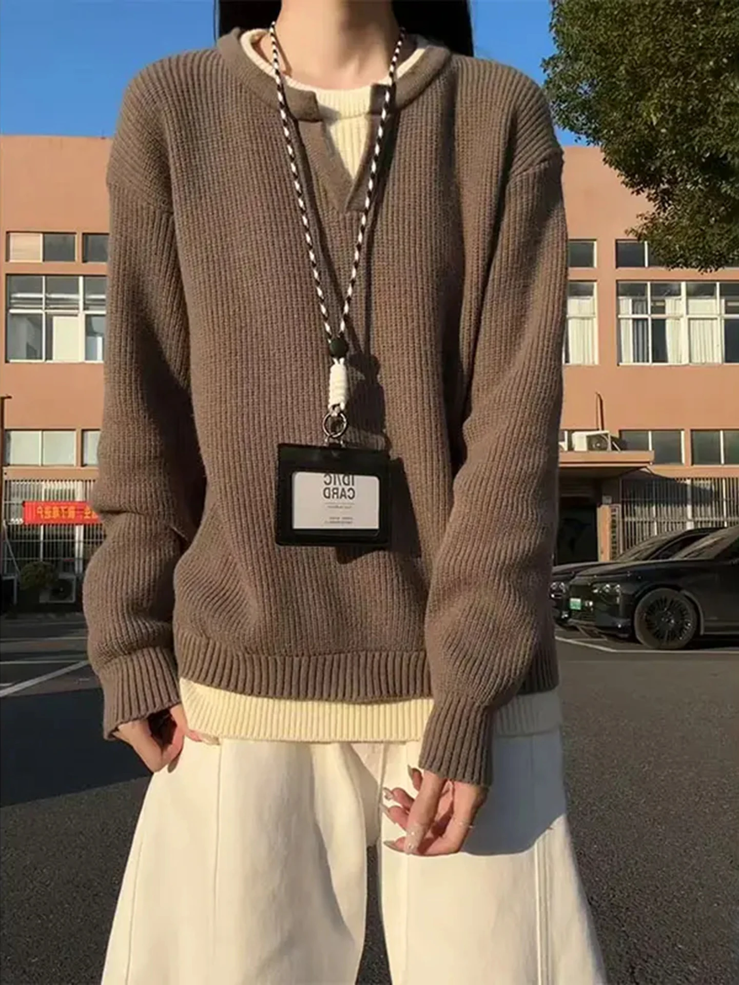 

Khaki Cleanfit V-Ne Knitwear Men's Sle Autumn Winter Loose Fit Base Layer Lazy Inner Wear Casual Long Sve Sweater