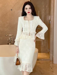 Fashion Elegant 2 Piece Set for Women 2023 Celebrity Lace Long Sleeve Ruffles Jackets Midi Fishtail Skirt Outfits Party Banquet