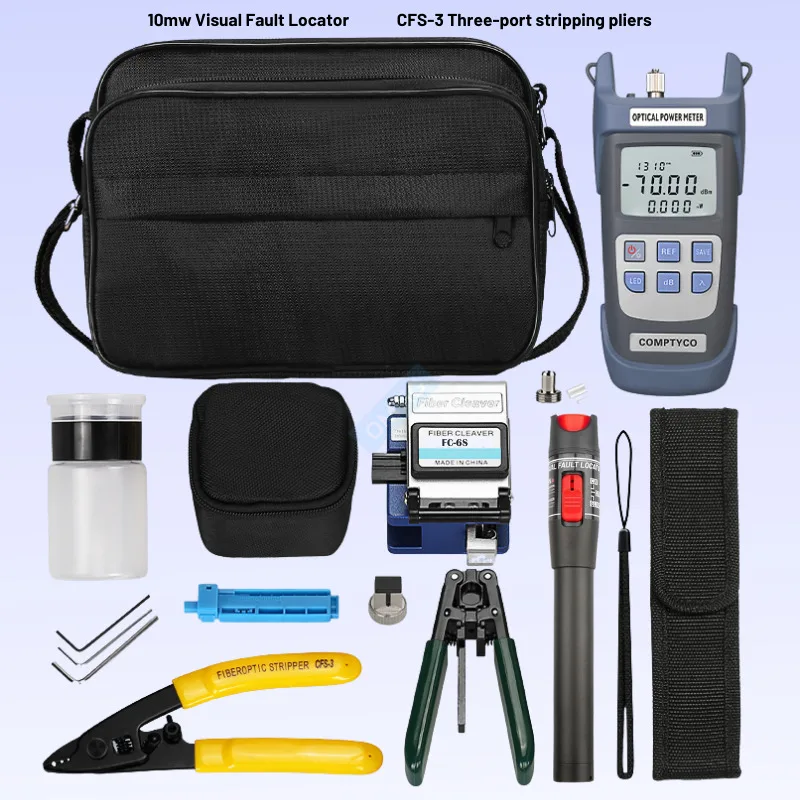 Fiber Optic FTTH Tool Kit, Optical Power Meter with FC-6S Fiber Cleaver, 10MW Visual Fault Locator, Wire Stripper, CFS-3