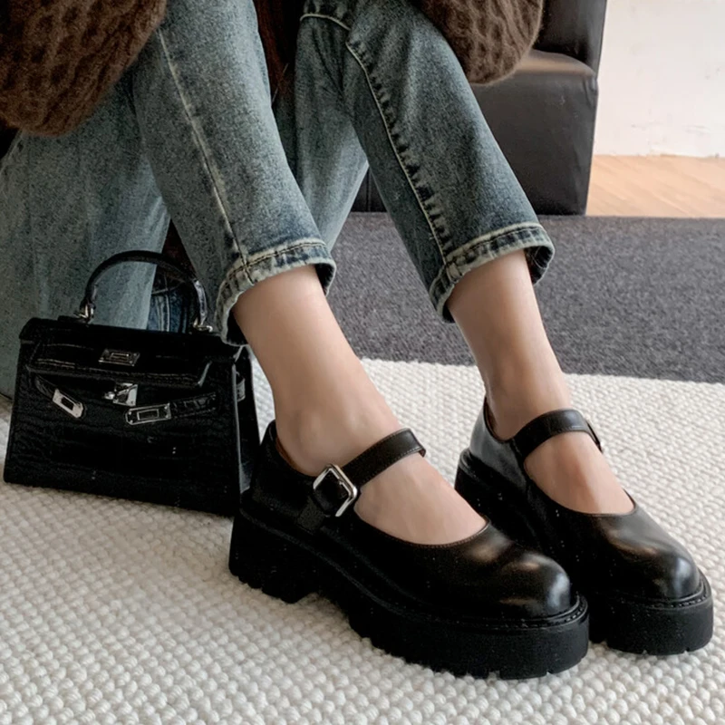 JOZHAMTA Size 34-40 Real Leather Women Pumps Buckle Strap Thick Heels Ins Platform Shoes 2025 Spring Casual Loafer Office Dress