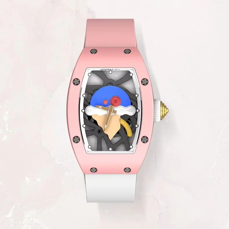CRONUSART Women Automatic Watch Tonneau Ladies Mechanical Wristwatch Ceramic Case Fluororubber Strap 3D Relief Dial
