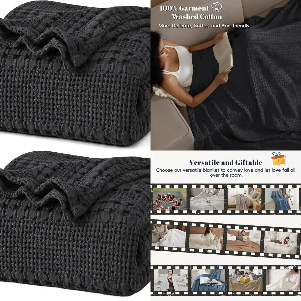 

Queen Size Cotton Waffle Weave Blanket, Soft, Lightweight, Breathable, All-Season, Luxury Christmas Home Decor, 90x90, Black