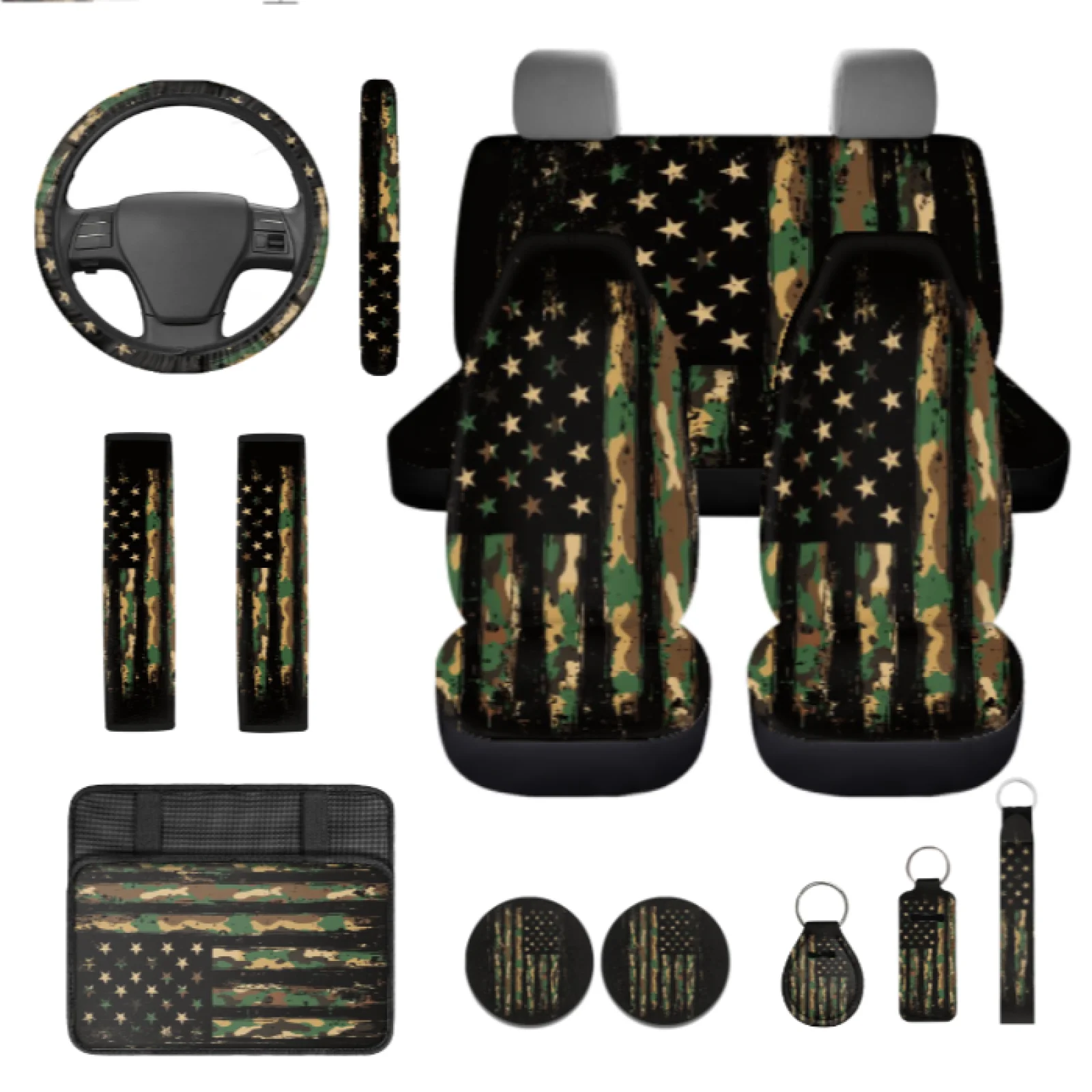 Coloranimal Camouflage USA Flag 13 PCS Auto Seat Covers Full Set with Elastic Lipstick Sleeve and Seat Belt Covers for Sedans