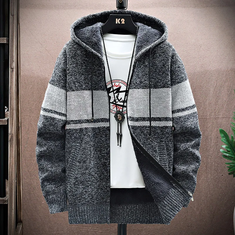 2024 Autumn Winter Fleece Warm Men Hooded Cardigan Knitted Sweatercoat Casual Splicing Color Knitting Jacket Coat Men Clothing