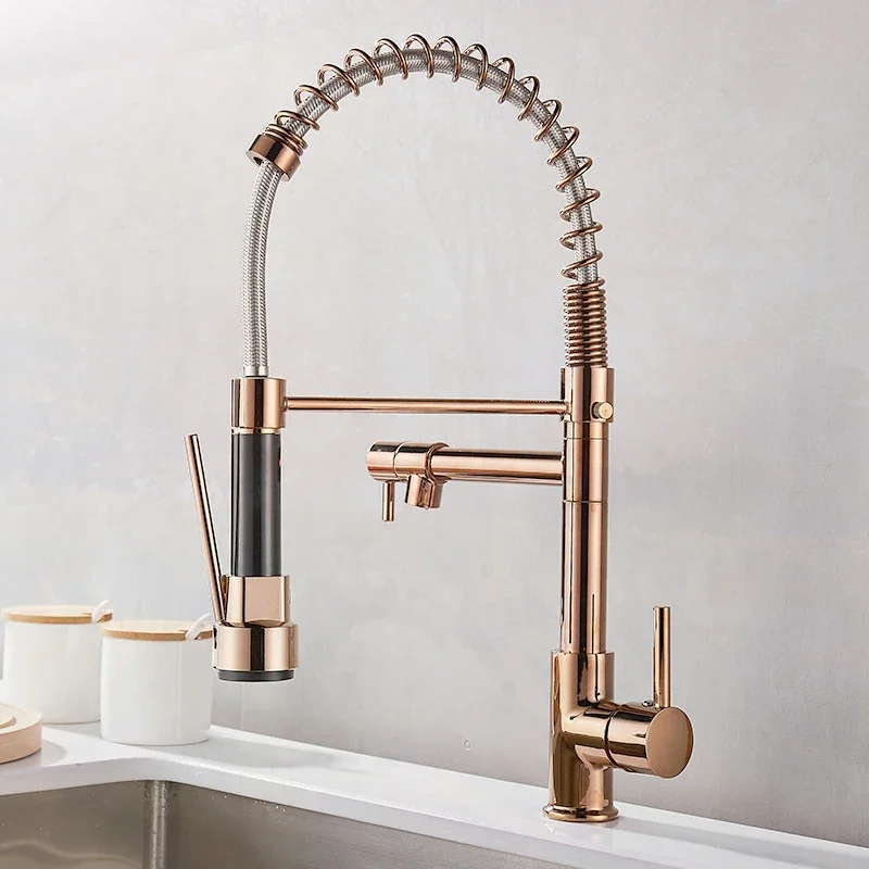 New Kitchen Faucet Black and Rose Golden Spring Pull Down Kitchen Sink Faucet Hot & Cold Water Mixer Crane Tap with Dual Spout