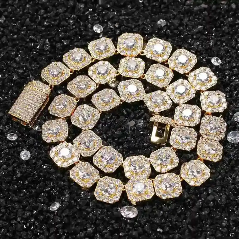 

Moissanite Chain 12mm Square Tennis Cluster Link Chain Sterling Silver 925 Moissanite Hiphop Tennis Necklace