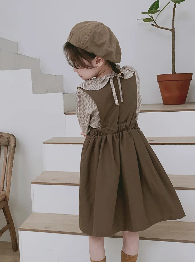 مجموعة ملابس الفتيات الربيعية لعام 2025 قميص بياقة الدمية منقوش + فستان بكتافة أطقم ملابس للأطفال جديدة للأعمار من 3 إلى 7 سنوات #1