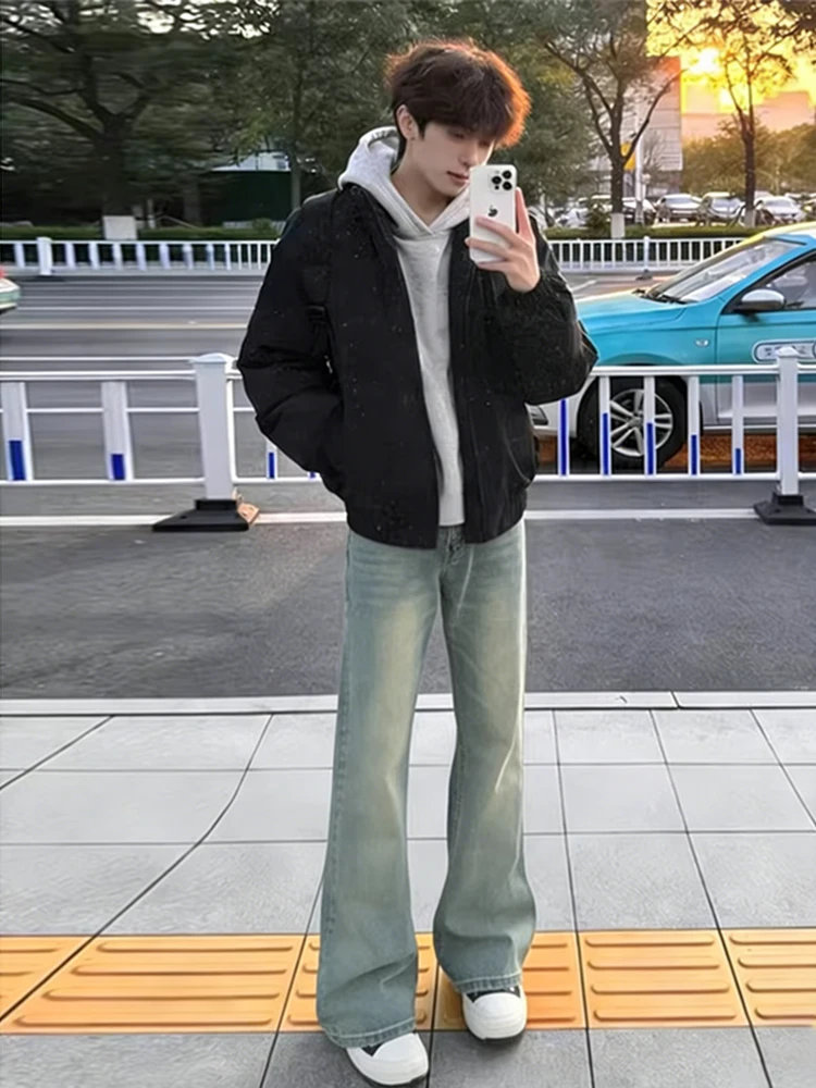 

Retro Blue Men's Jeans High Waist Straight Leg Bell Bot American Sle Streetwear for Teenagers Wear Resistant Cotton Denim