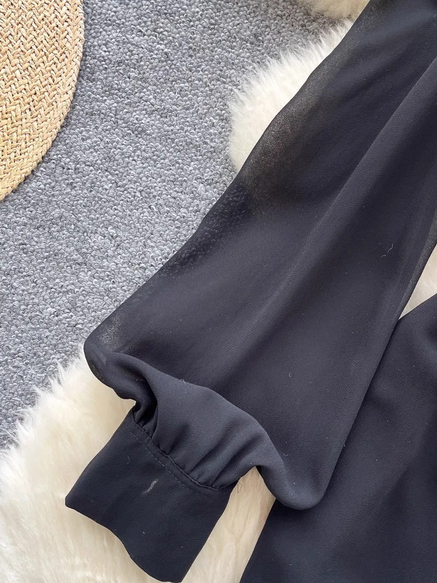 Foamlina Diamond-Encrusted Neck Off-Shoulder Chiffon Dress Female Elegant Celebrity Long Sleeve Pleated Split Bodycon Dresses