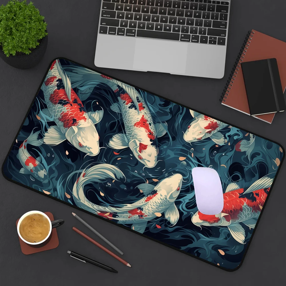 Japanese Desk Mat Black & White Mouse Pad Koi Fish Japan Art Seal Yin-yang fish Large XL Gaming Deskmat Rubber Mousepad 1000x500