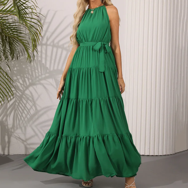 

Women's Long Dress Ruffle Halter Sleeveless Off Shoulder Slim Elegant A Line Long Dresses Soild Color Casual 2024 Summer