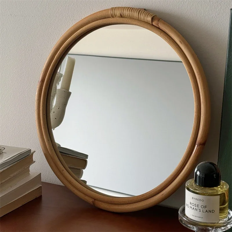 Medieval Rattan Mirror Makeup Mirror Retro Wabi Sandy Wind Japanese Round Mirror Homestay Clothing Store Cafe Shop