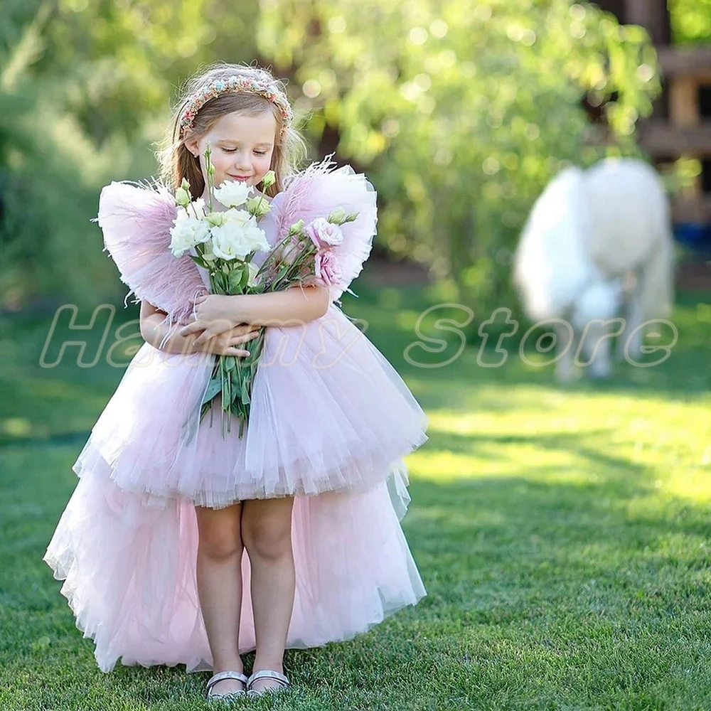 Yipeisha-Vestidos de Fiesta de plumas para niñas, cuello cuadrado, volantes, una línea frontal, espalda corta, Vestido largo de tul para niñas, vestido de comunión