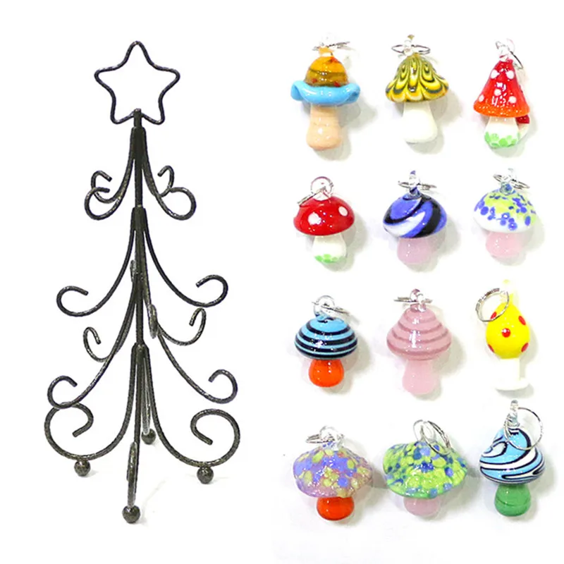 البرونزية الحديد شجرة عيد الميلاد الحلي مع 12 قطعة الملونة لطيف مصغرة الفطر الزجاج المعلقات اكسسوارات المنزل منضدية عيد الميلاد ديكور