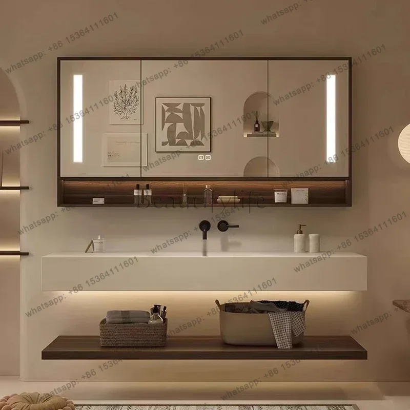 

Luxury Bathroom Cabinets Ceramic Integrated Basin Design Smart Mirror Cabinets Fog Removal Furniture Muebles