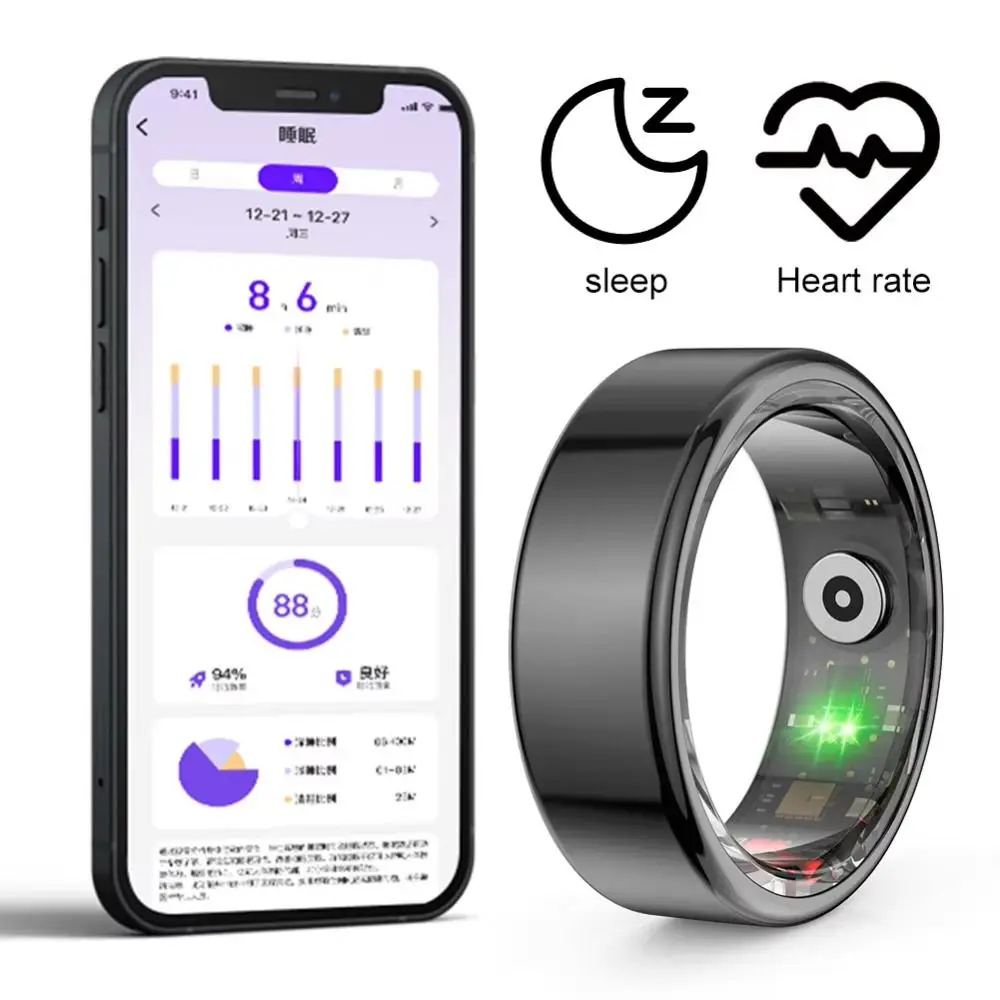 Sleep/Step Tracker Smart Health Rings Multi-sport Modes Steel Shell Fitness Tracker Finger Ring IP68 Waterproof Comfortable