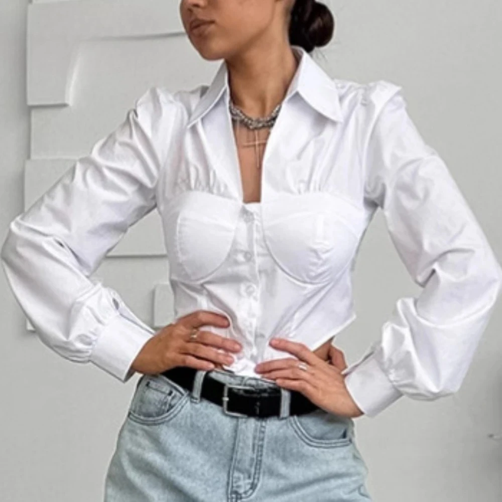 

2025 Fashion French Sexy Solid Slimming Shirt for Women Lapel Lantern Sleeve Temperament Short Shirts Female Spring Clothes New