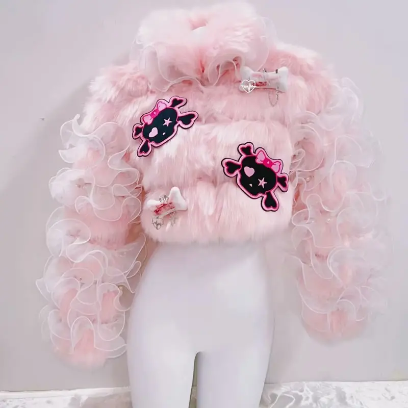 เสื้อโค้ทขนสั้นสีชมพูสไตล์เจ้าหญิงแบบดั้งเดิม ปักลาย Y2K น่ารักหวานแหวว สไตล์โกธิค อุ่นสบาย