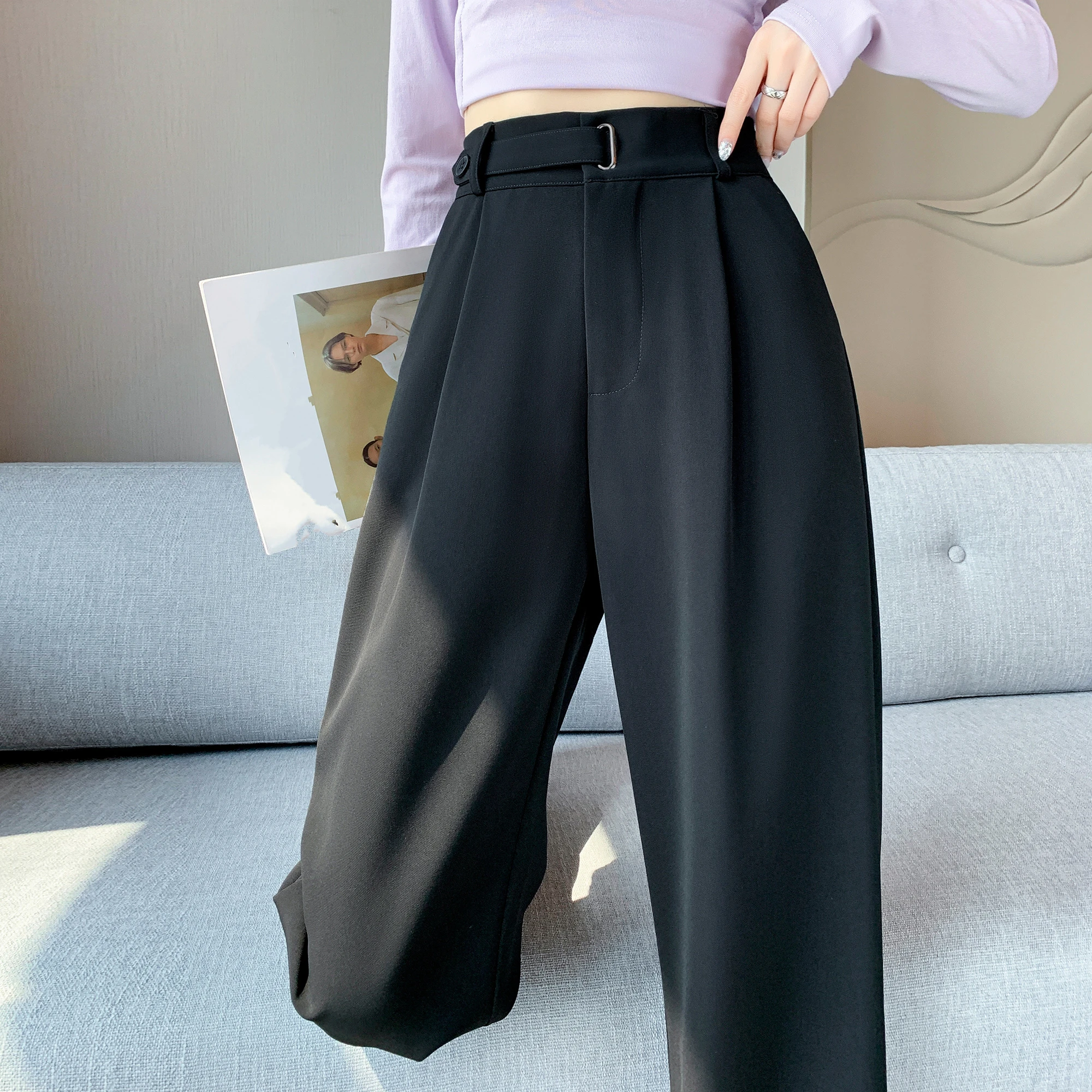 

Spring Autumn Button Women's Wide Leg Suit Pants 2023 New High Waist Full Length Casual Loose Pants Female Black Grey Trousers