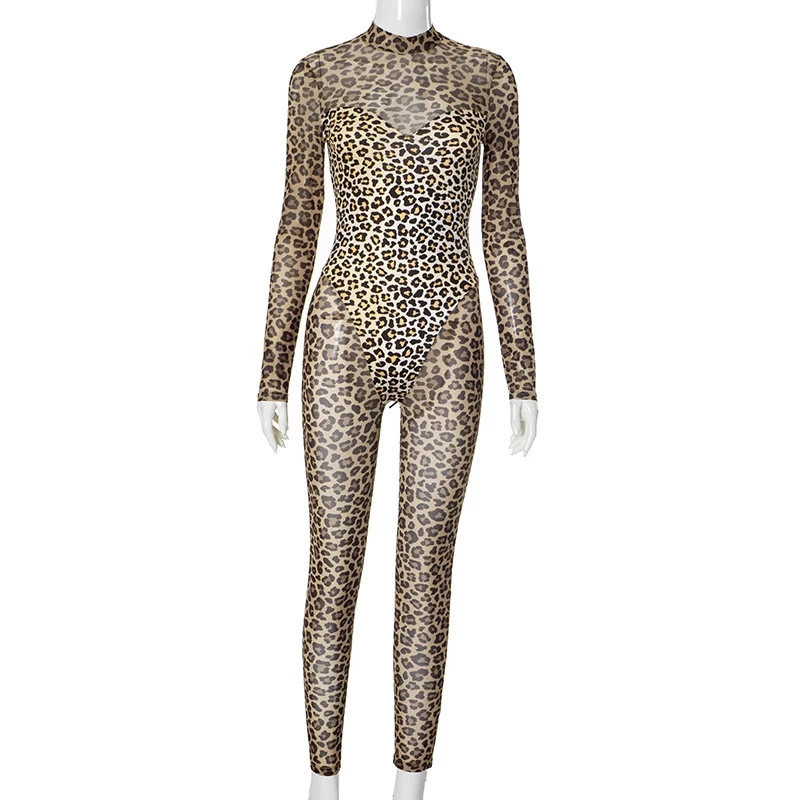 Women's Jumpsuit Leopard Print One Piece Overalls For Women Long Sleeve Back Lace Up Vintage Y2k Clothing Sexy Nightclub Outfits