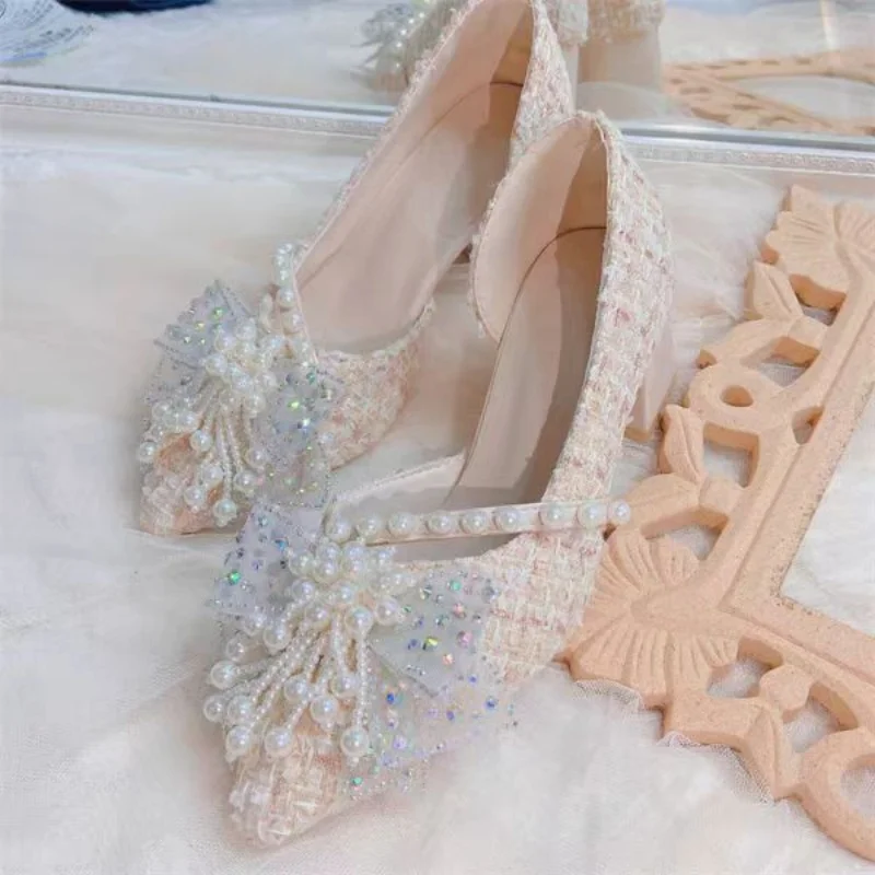 

Handmade custom-made pearl tassel water diamond beaded women's single shoes fashionable pointed high heels 34-39