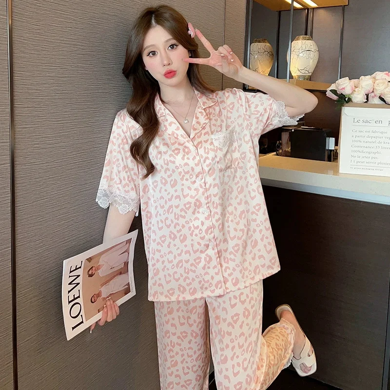 2025 新しいレース V ネックパジャマスーツプリントナイトウェア 2 個 Pjs 女性シルキーホームスーツレトロ半袖シャツ & パンツ部屋着