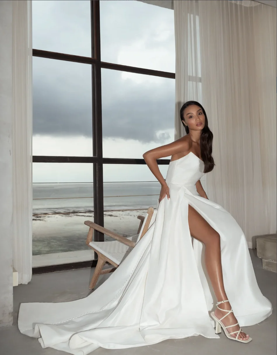 Custom Strapless Satin A Line Wedding Dress Draped Bodice High Side Slit Pockets Bridal Gown With Cathedral Train