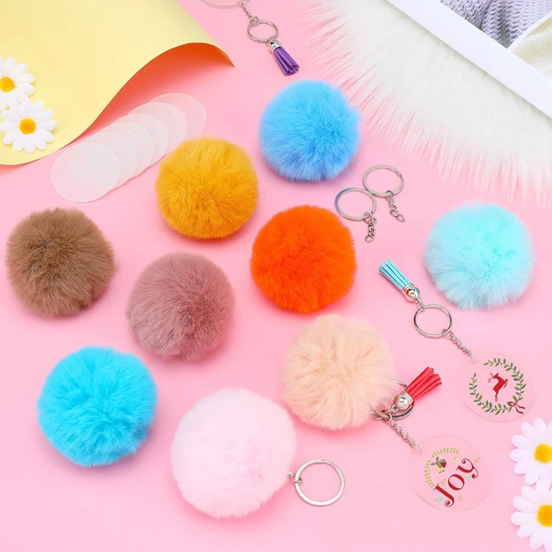 50-piece conjunto pom pom chaveiro fofo pompons de pele do falso chaveiro com anel rachado e chaveiros para saco charme acessórios