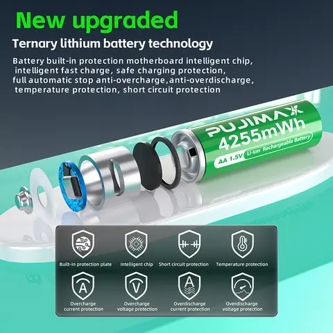 PUJIMAX USB AA Rechargeable Batteries 1.5V 4255mWh Li-ion Battery for Remote Control Mouse Electric Toy Battery + Type-C Cable Shipping from the USA