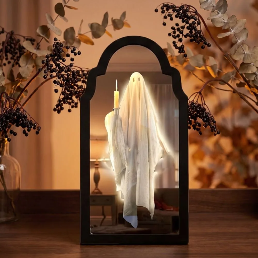 Light Up Ghost Wall Mirror Glowing Battery Operated LED Mirror Decor Wall Hanging Ambient Lamp Glowing Ghost Decor