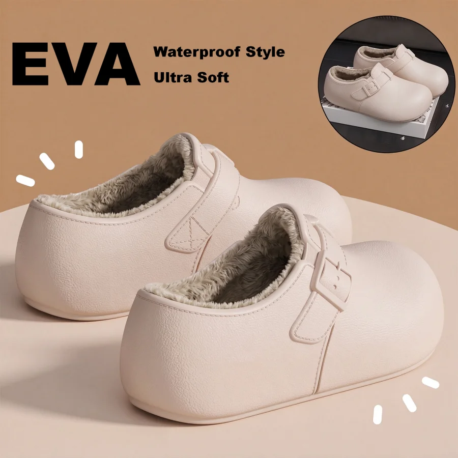Minimalist Closed Back Winter Slippers Soft Fleece Inside EVA Waterproof Non-slip Sole Warm House Footwear