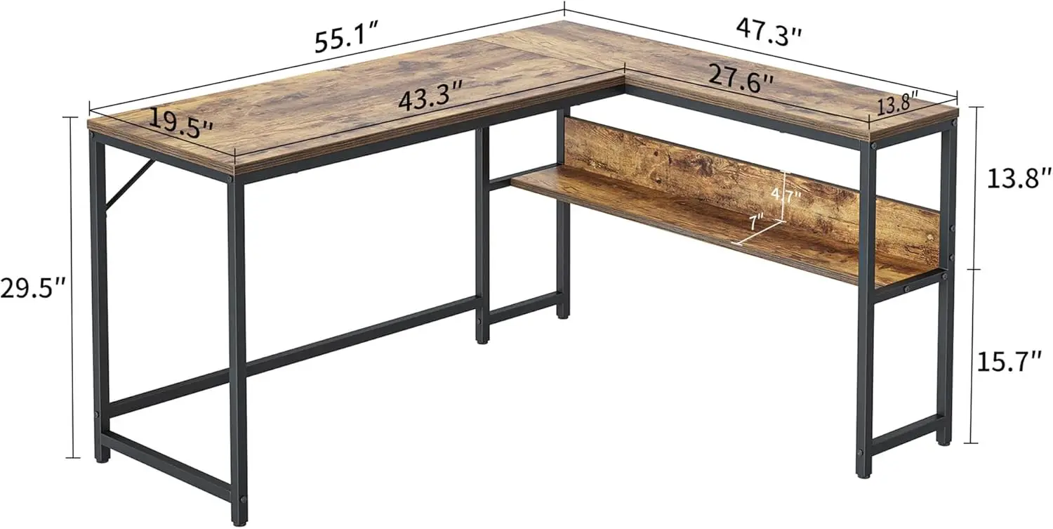 Meja berbentuk L, meja komputer sudut 55.1 inci dengan rak penyimpanan, meja kantor rumah dengan rak buku, coklat pedesaan