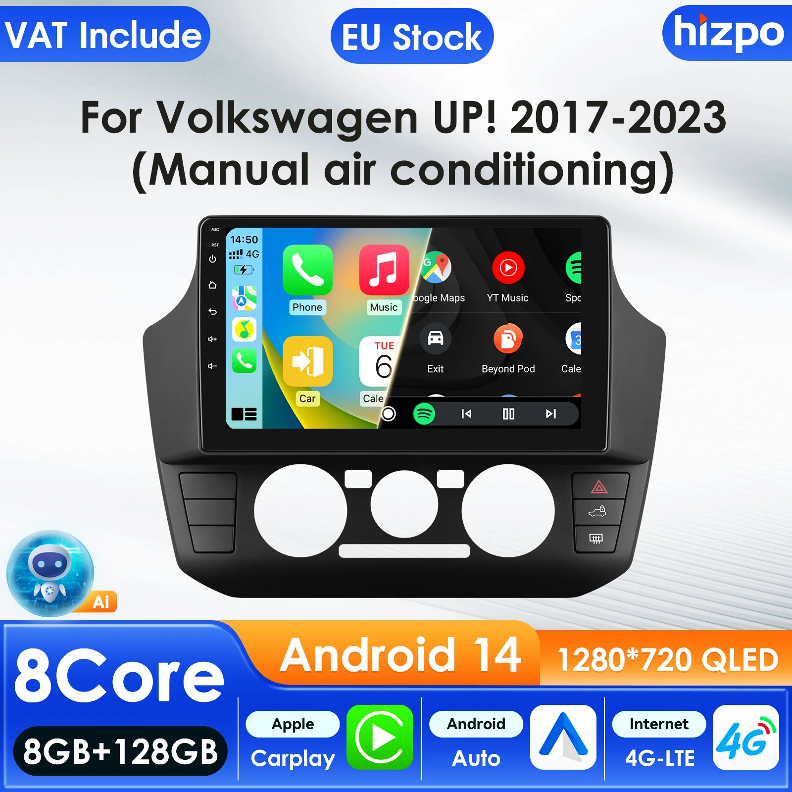Hizpo Autoradio für Volkswagen UP! 2017-2023 Audio-Multimedia-Player CarPlay Android Auto GPS Bluetooth WIFI FM RDS Autoradio AI 9 Zoll Intelligenter Auto-Bildschirm QLED-Display Automotive Head Unit