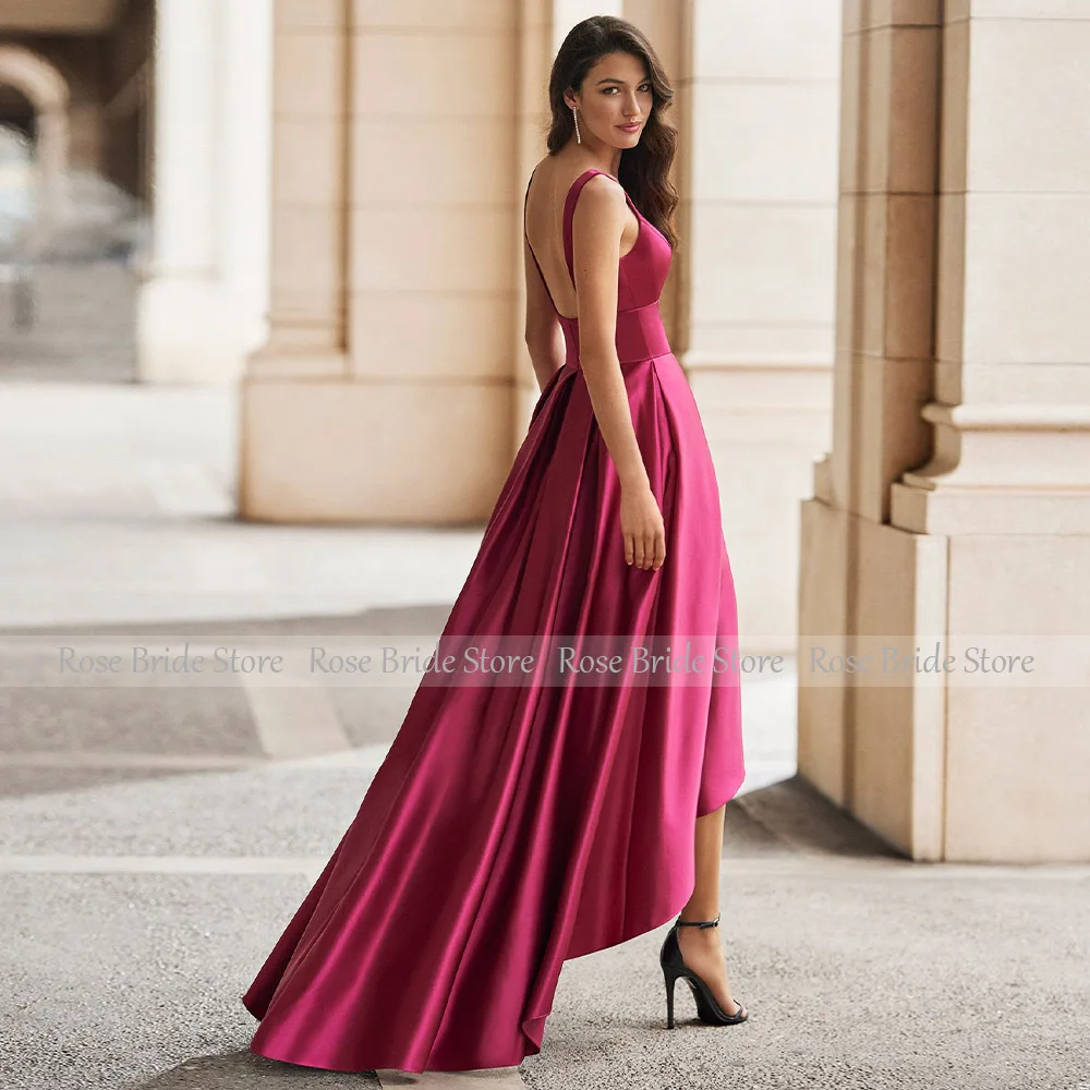 Vestido de graduación fucsia asimétrico de satén para mujer, línea A, Simple, fiesta de noche, cuello en V profundo, Espalda descubierta, Sexy, 2023