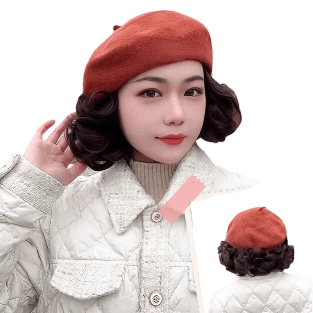 Fashion With Curly Hair Beret Hat With Wig Attached Wig Casual French Artist Hat Warm Wig Plain Cap Women
