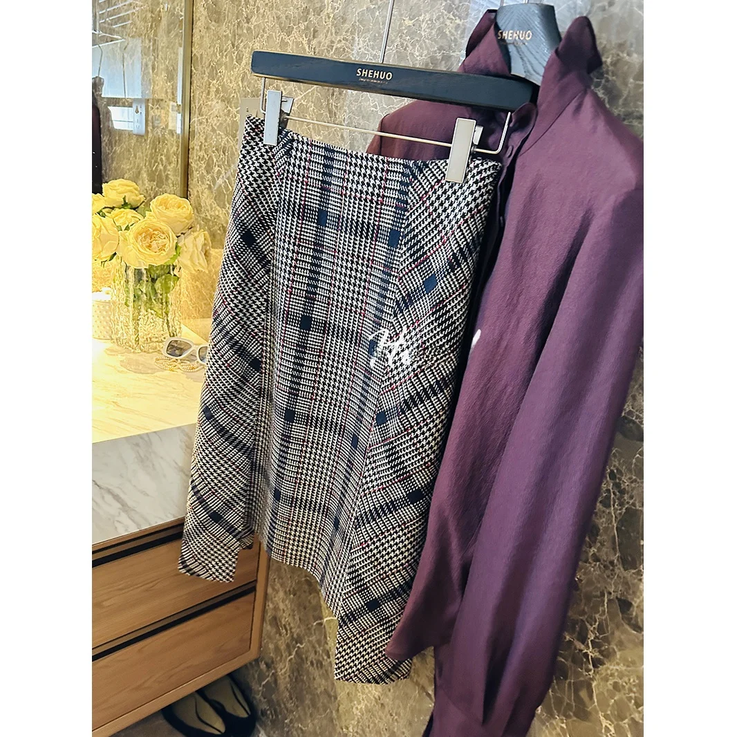 

Элегантная парижская клетчатая шерстяная юбка-трапеция с высокой талией для деловых встреч и повседневной носки, на молнии, женская модная коллекция для зимы