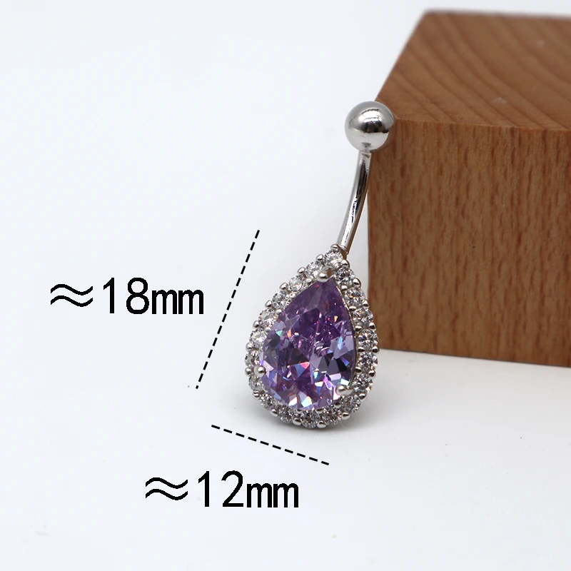 MIQIAO 925 Sterling Silver Water Drop Belly Button Piercing Purple Diamond Zircon Piercing Belly Button Long 14MM Women\'s Gift