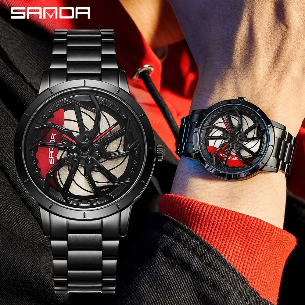 Hot Sell Fashion Mens Watches 360 Rotating Car Wheel Dial Luxury Wrist Watch Casual Waterproof Quartz Watch Men Relogio Masculin