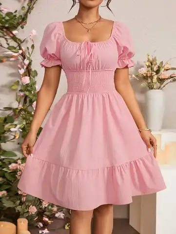 Pink Square Neck Puff Sleeve Ruched Waist Tiered Hem Dress