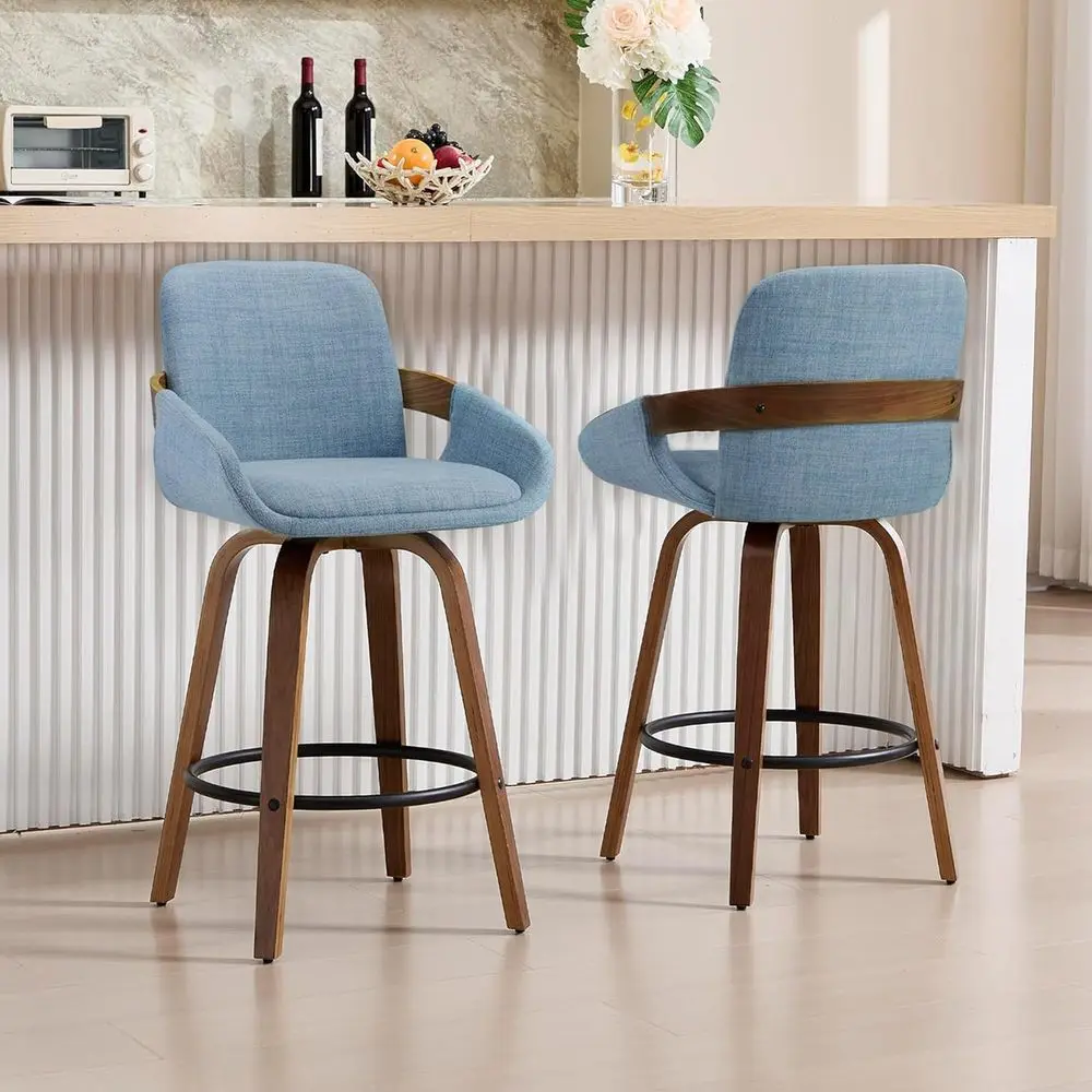 

Bar Stool Set of 2, Fabric Counter High Stools with Back and Armrest 360 Swivel Walnut Bar Chair for Kitchen Island Home Dining